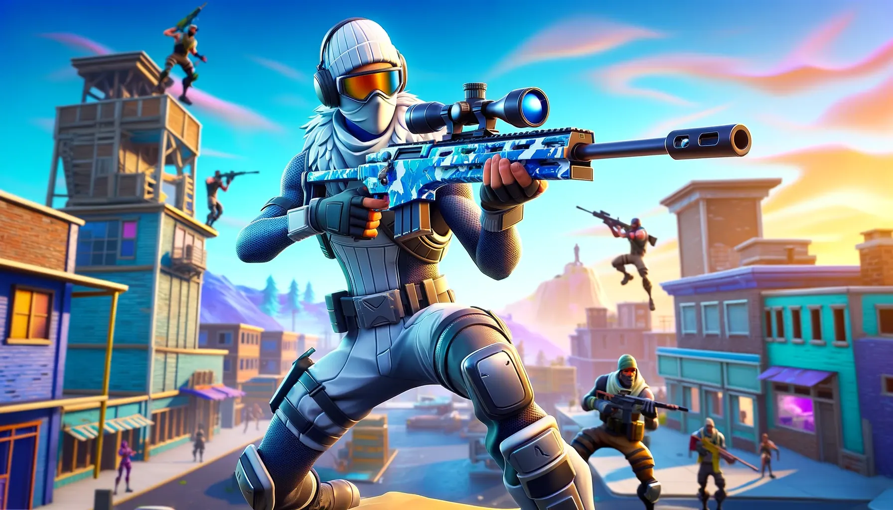 fortnite_sniper_oneshot_map_code - 3D-style digital painting inspired by Fortnite gameplay, featuring a character in a classic Fortnite skin in a Sniper Oneshot game setting