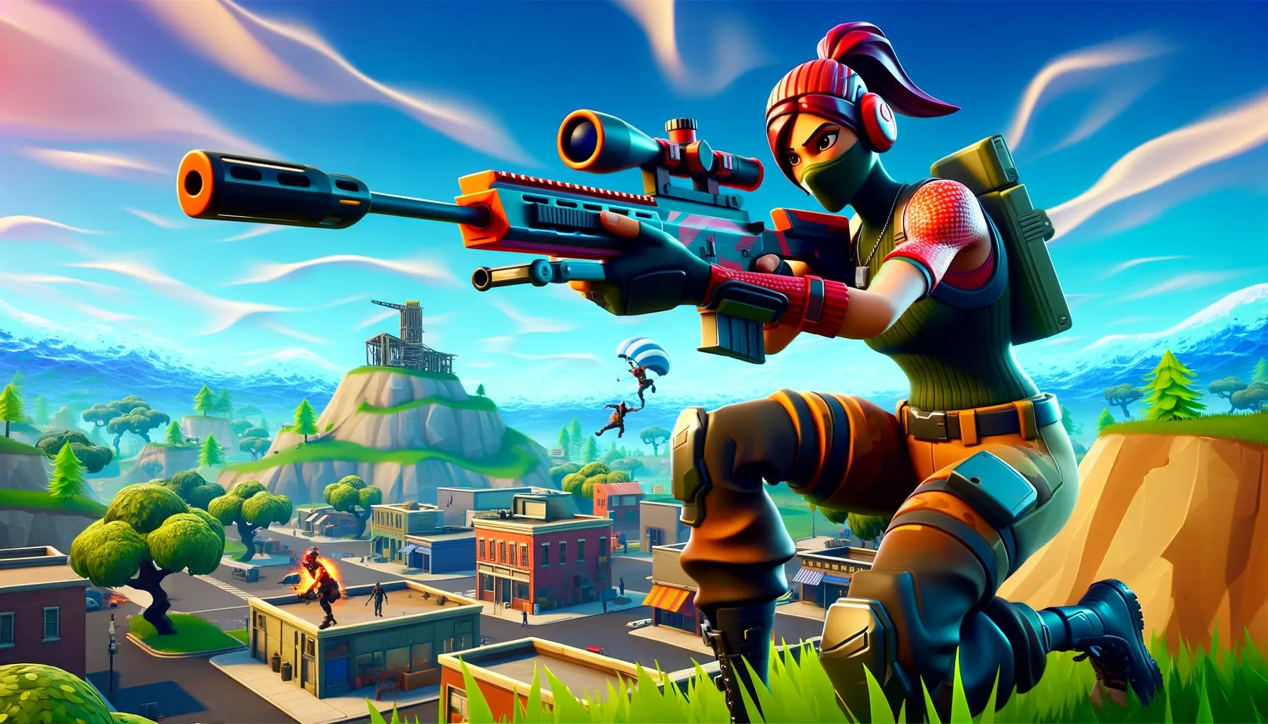 sniper_oneshot_code - 3D-style digital painting inspired by Fortnite gameplay, featuring a character in a classic Fortnite skin in a Sniper Oneshot game setting