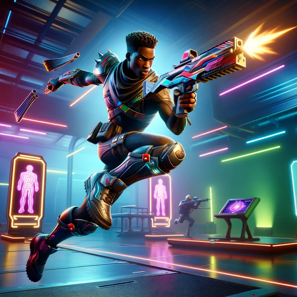 fortnite_aim_training_map_code - A dynamic, action-packed scene inspired by a game like Fortnite, featuring a character in a live-action aim training simulation. The character, a youn
