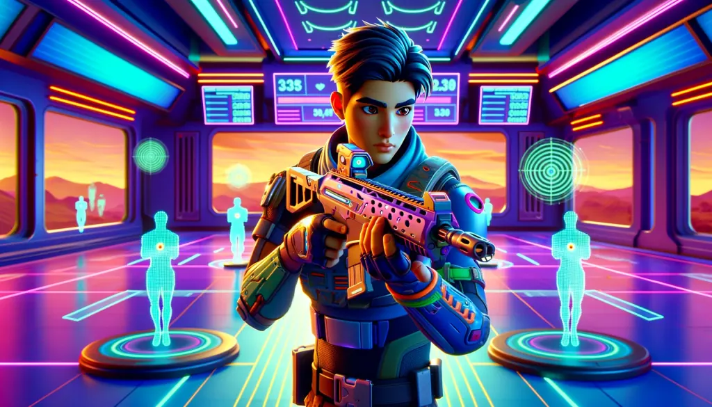 fortnite_aim_training_map_code- A vibrant, colorful 3D scene inspired by a game similar to Fortnite. In the center, a character with a futuristic outfit and hairstyle, practicing aim