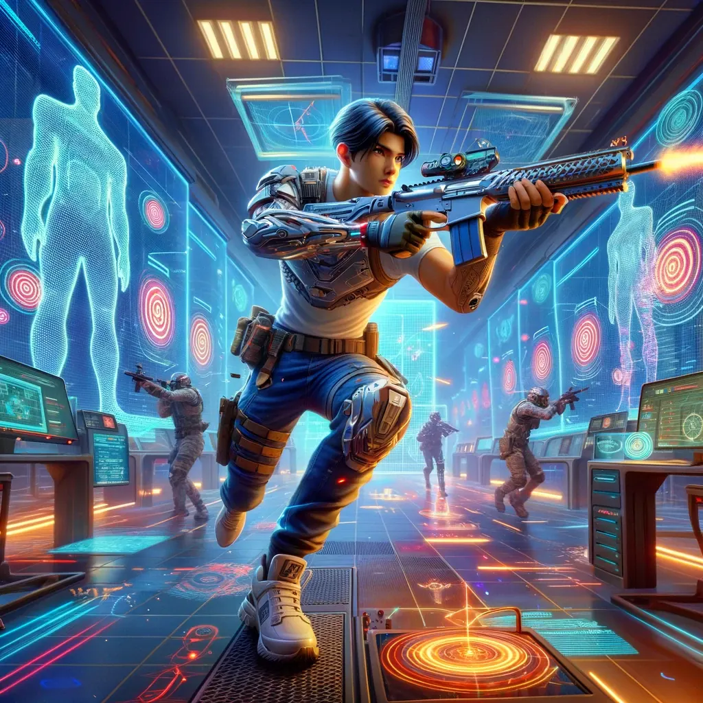 fortnite_aim_training_map_code - An elaborate and vibrant scene inspired by a game like Fortnite, featuring a complete aim training simulation. The main focus is a character, a young