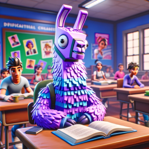 fortnite_school_of_llama - cartoonish purple llama character, designed with a playful, animated appearance, sitting at a school desk